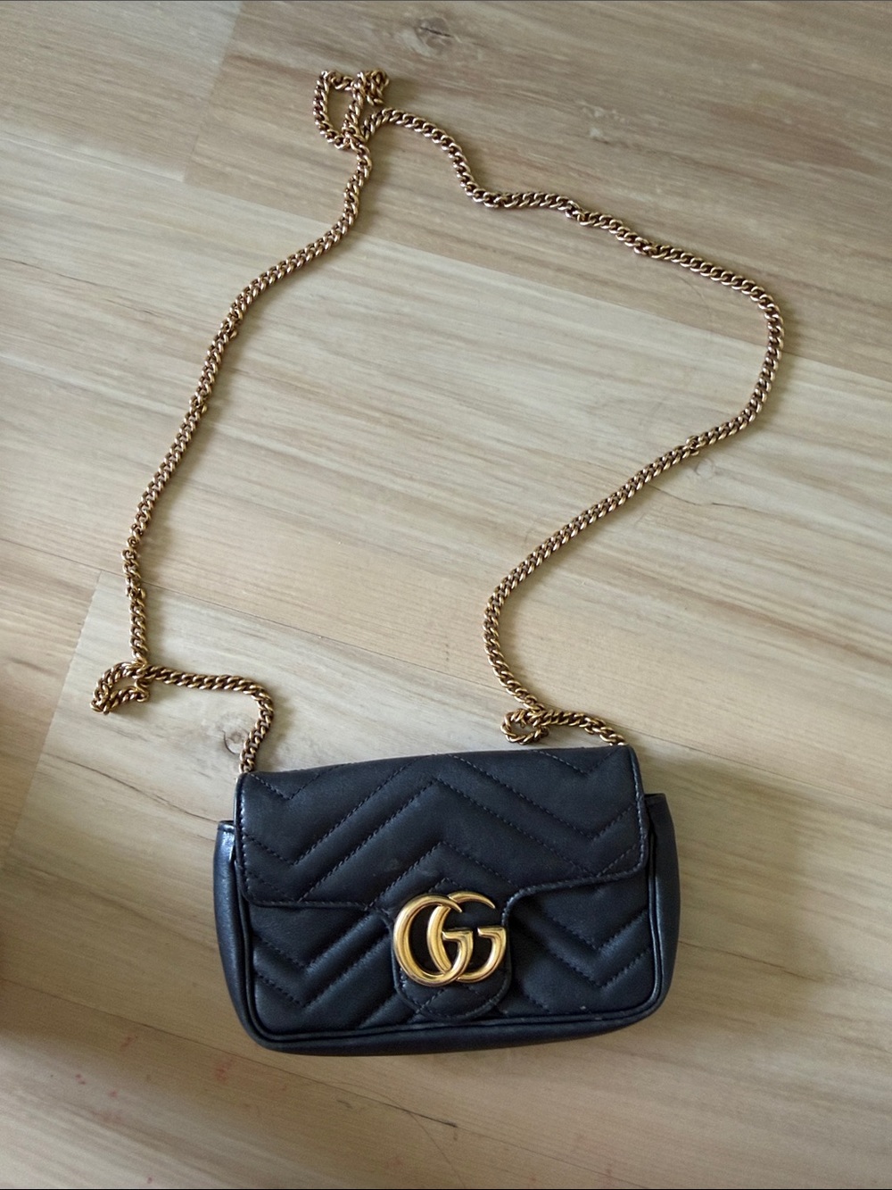 Gucci Black Quilted GG Marmont Mini Crossbody with Gold Chain